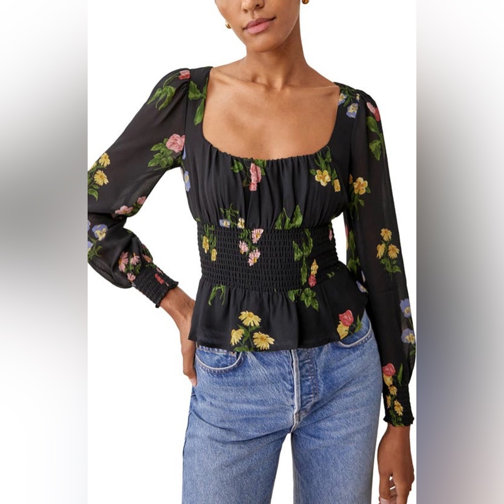 Size 0 Reformation Black Hearth Floral Print Crepe Blouse in Night Bloom